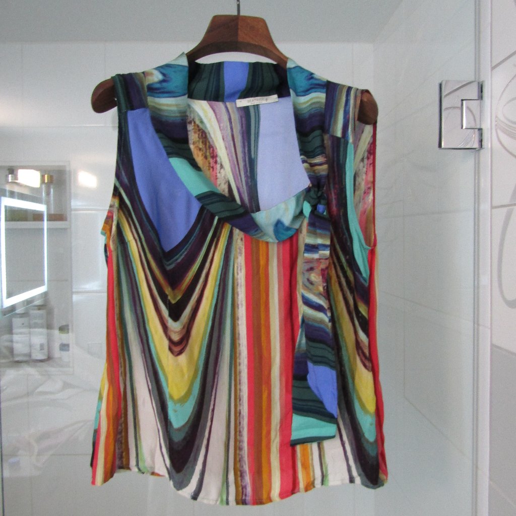Beatrice Bright Colored 100% Silk Asymetrical Top Blouse With Tie--Size 8